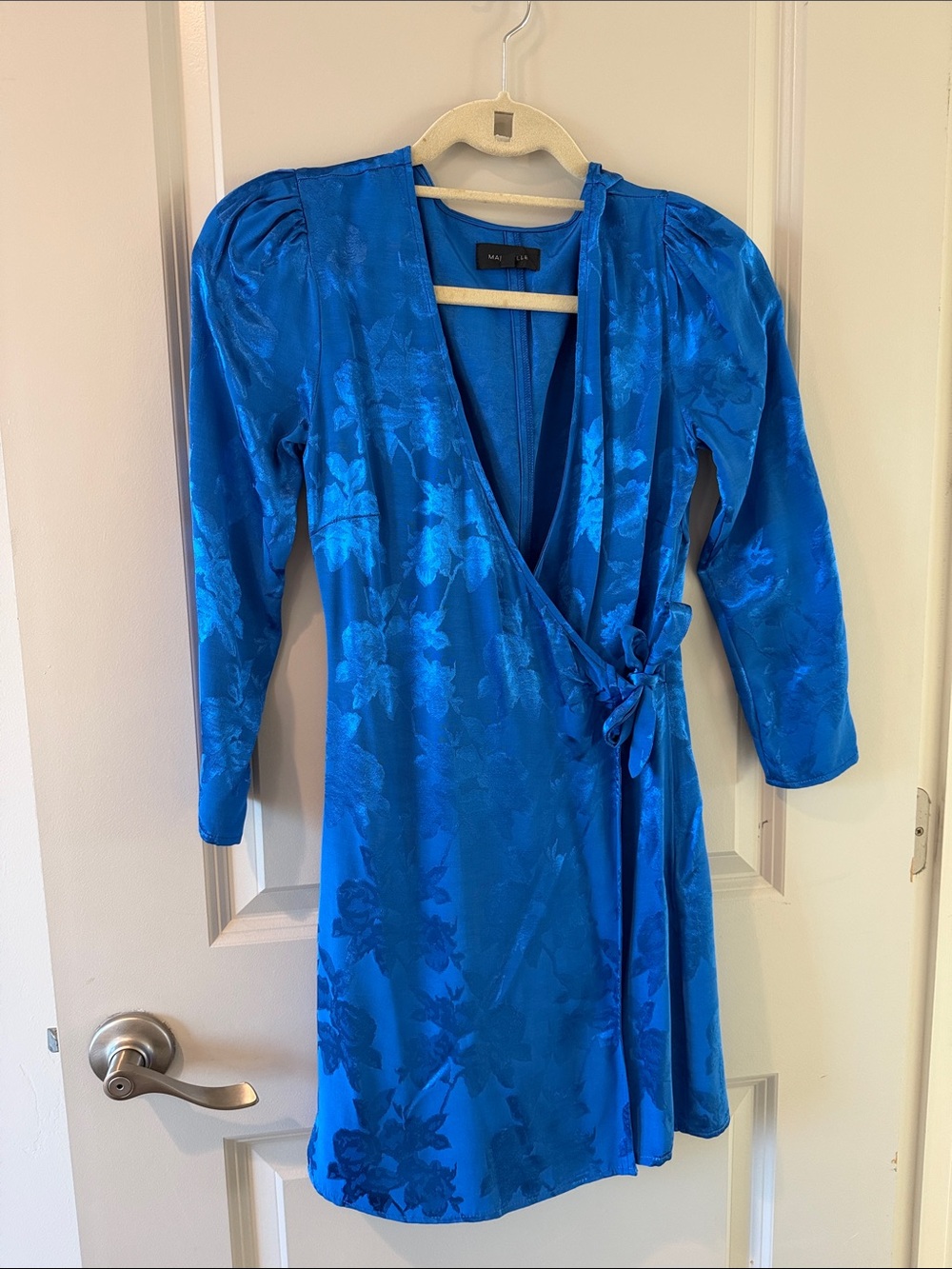 REVOLVE Bright Blue Floral Satin Wrap Mini Dress